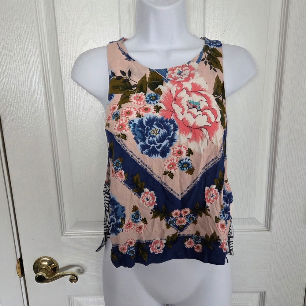 Free People Floral Open Side Tie Crop Top Pink Blue Sleeveless XS Boho Festival